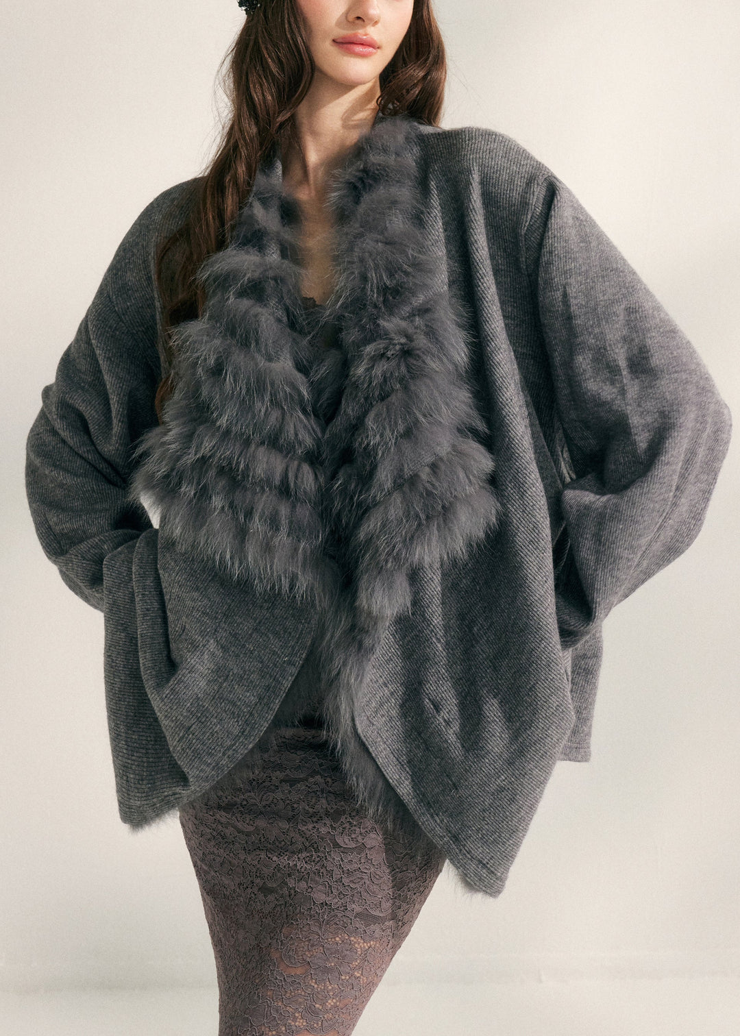 Natural Beige Fox Collar Patchwork Mink Hair Knitted Cardigans Fall