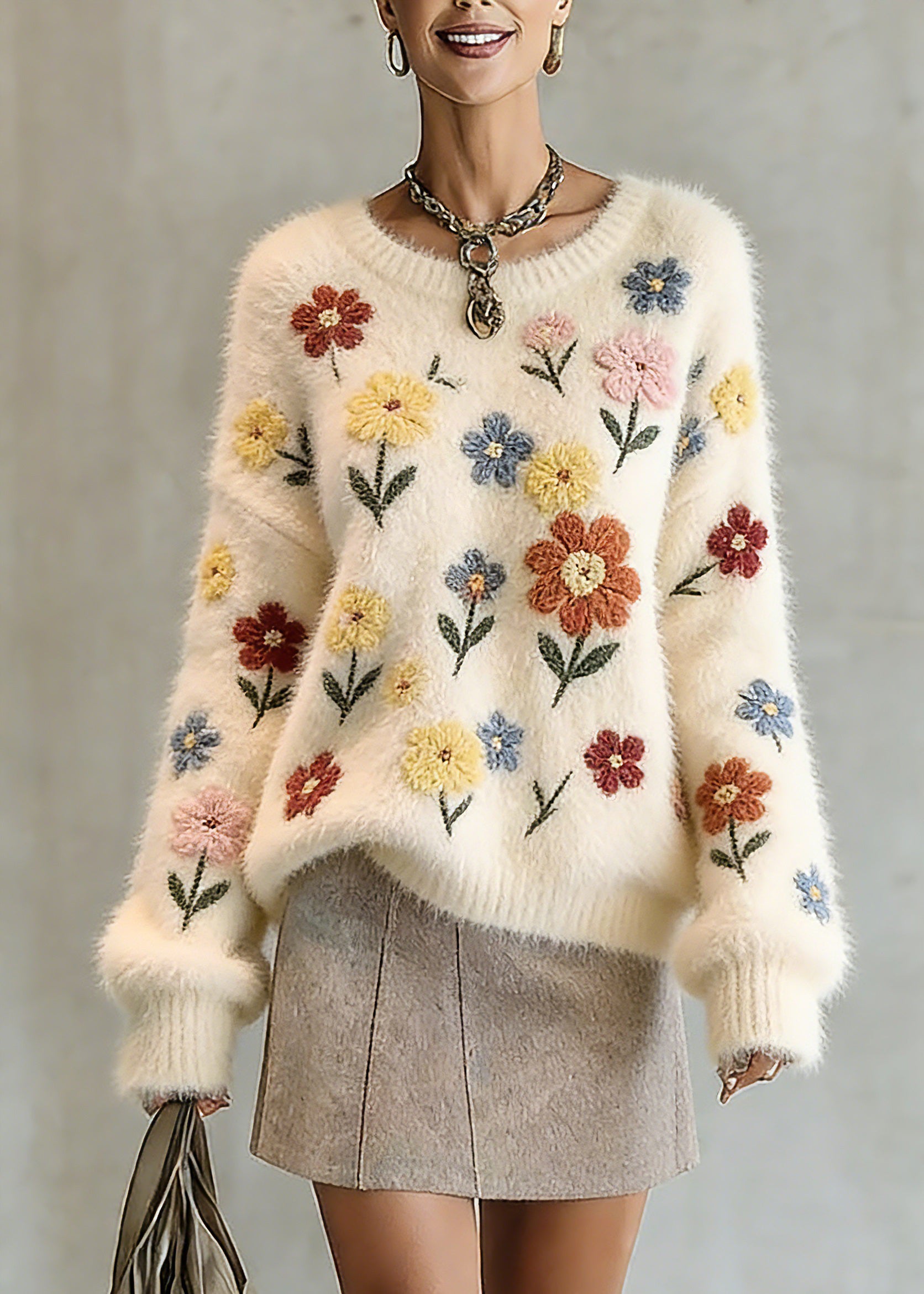 Natural Beige O-Neck Embroidered Cotton Knit Sweater Tops Spring - Omychic