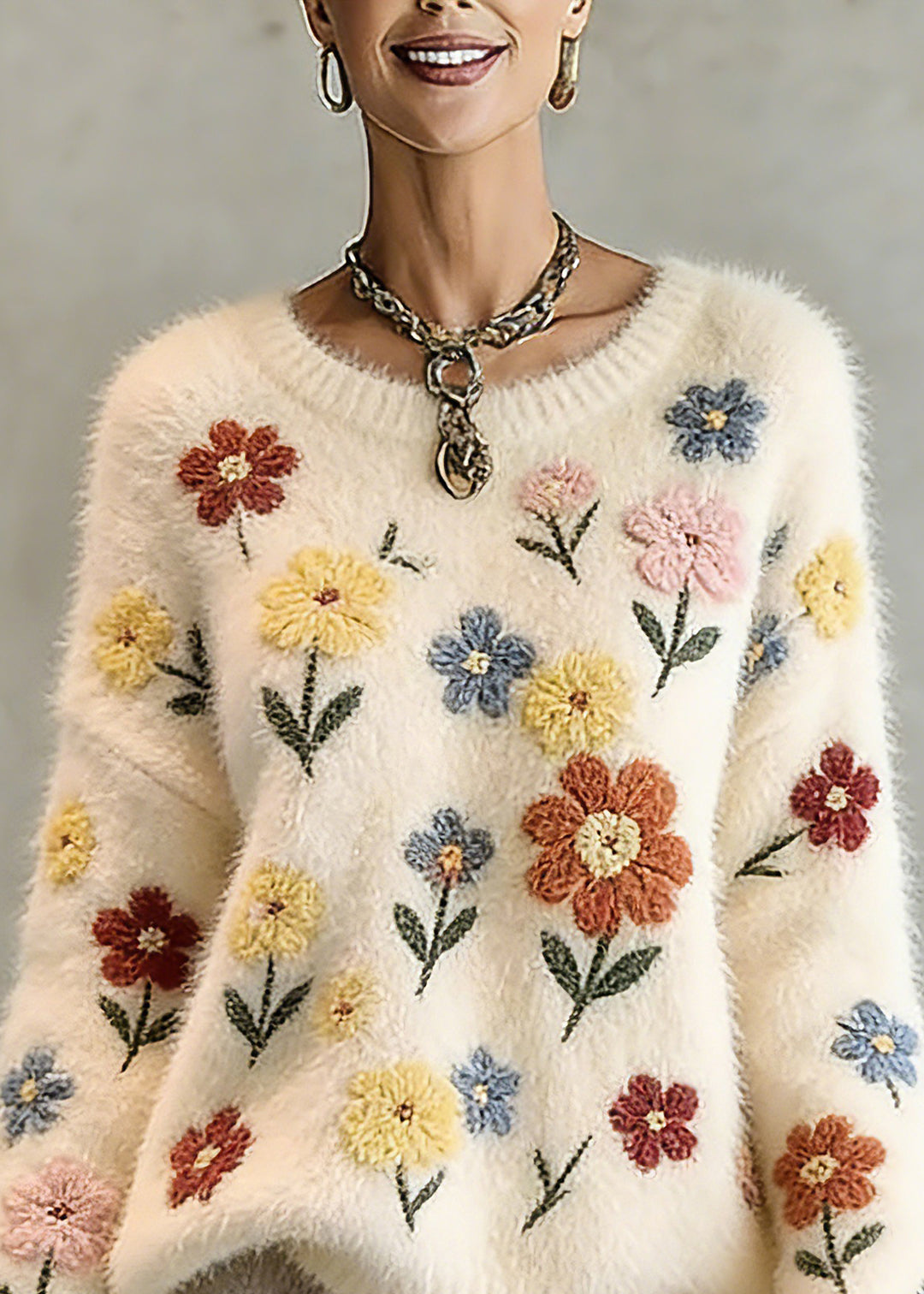 Natural Beige O-Neck Embroidered Cotton Knit Sweater Tops Spring - Omychic