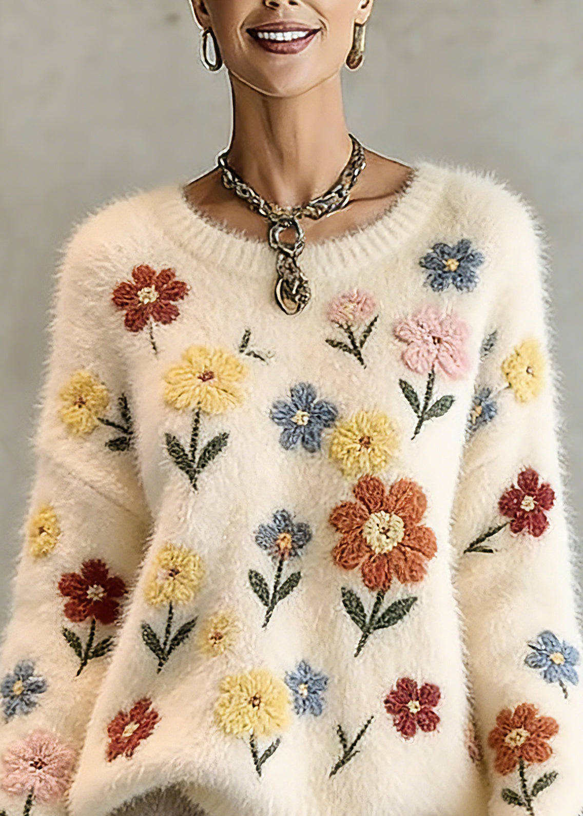 Natural Beige O-Neck Embroidered Cotton Knit Sweater Tops Spring - Omychic