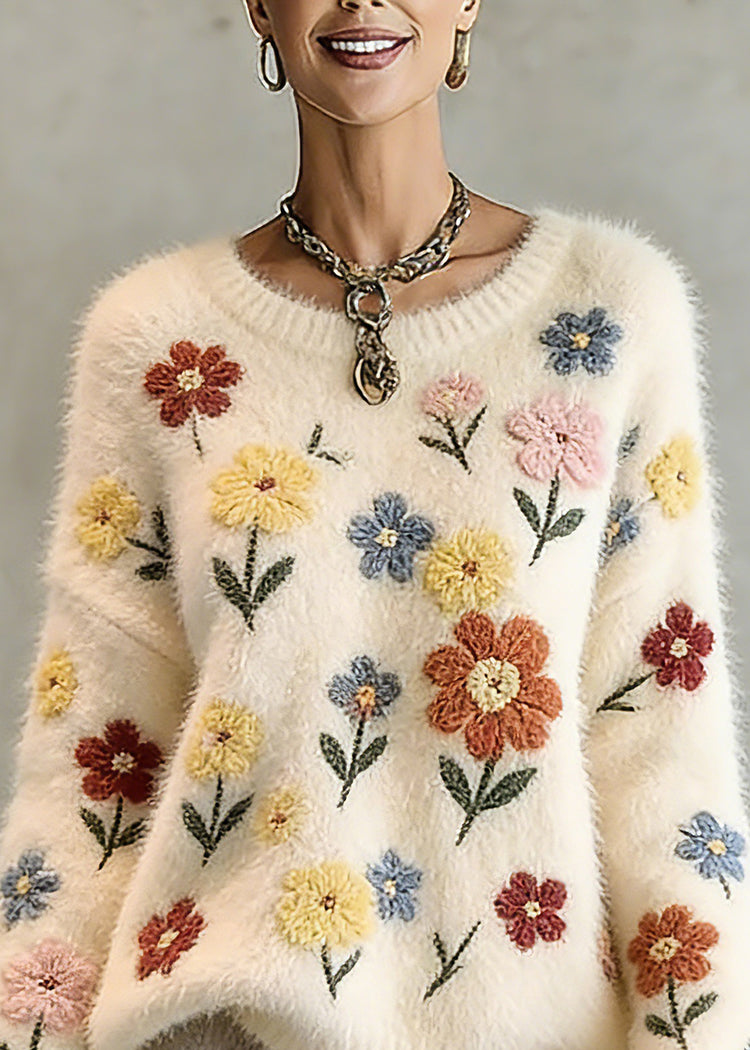 Natural Beige O-Neck Embroidered Cotton Knit Sweater Tops Spring - Omychic