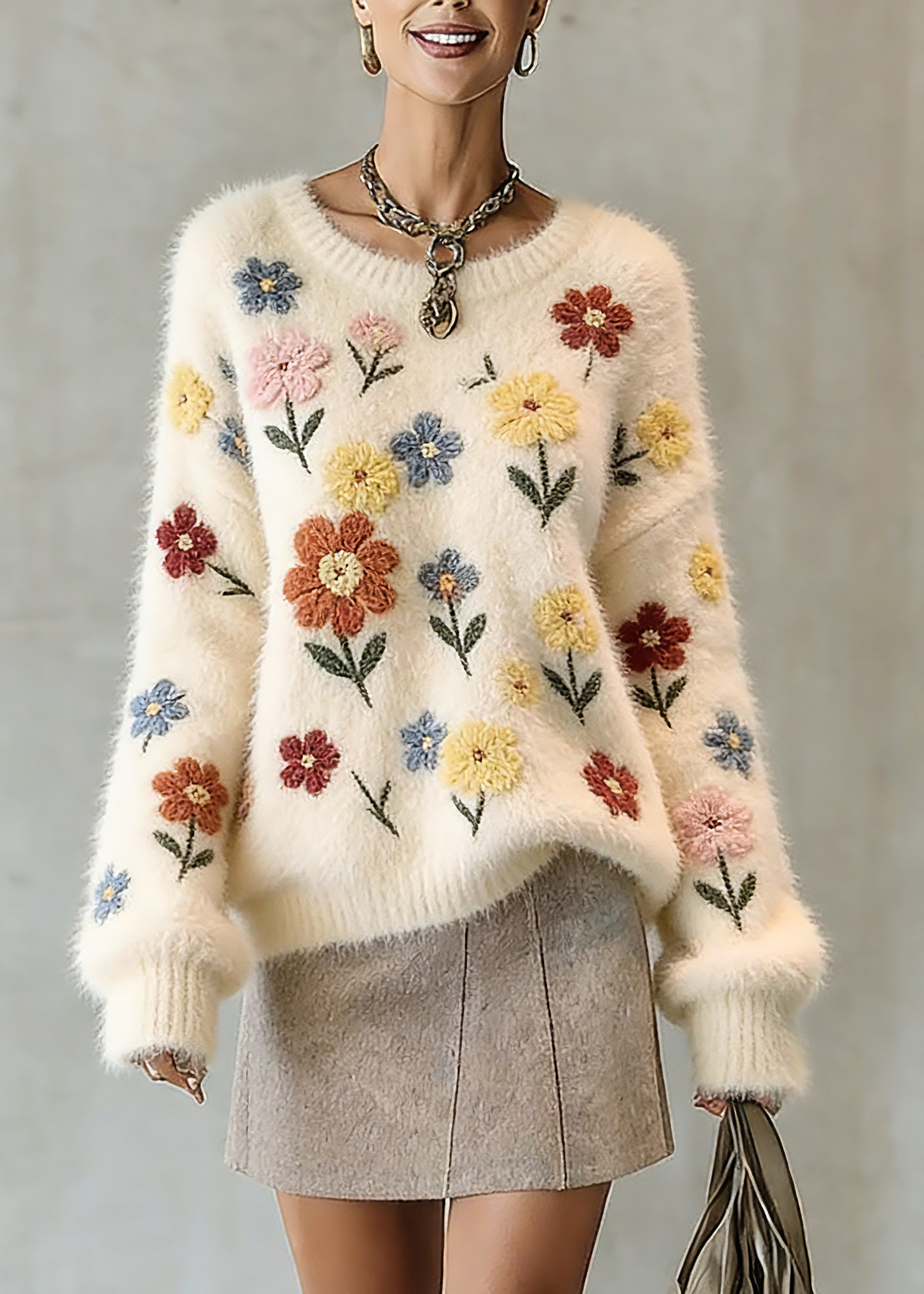 Natural Beige O-Neck Embroidered Cotton Knit Sweater Tops Spring - Omychic