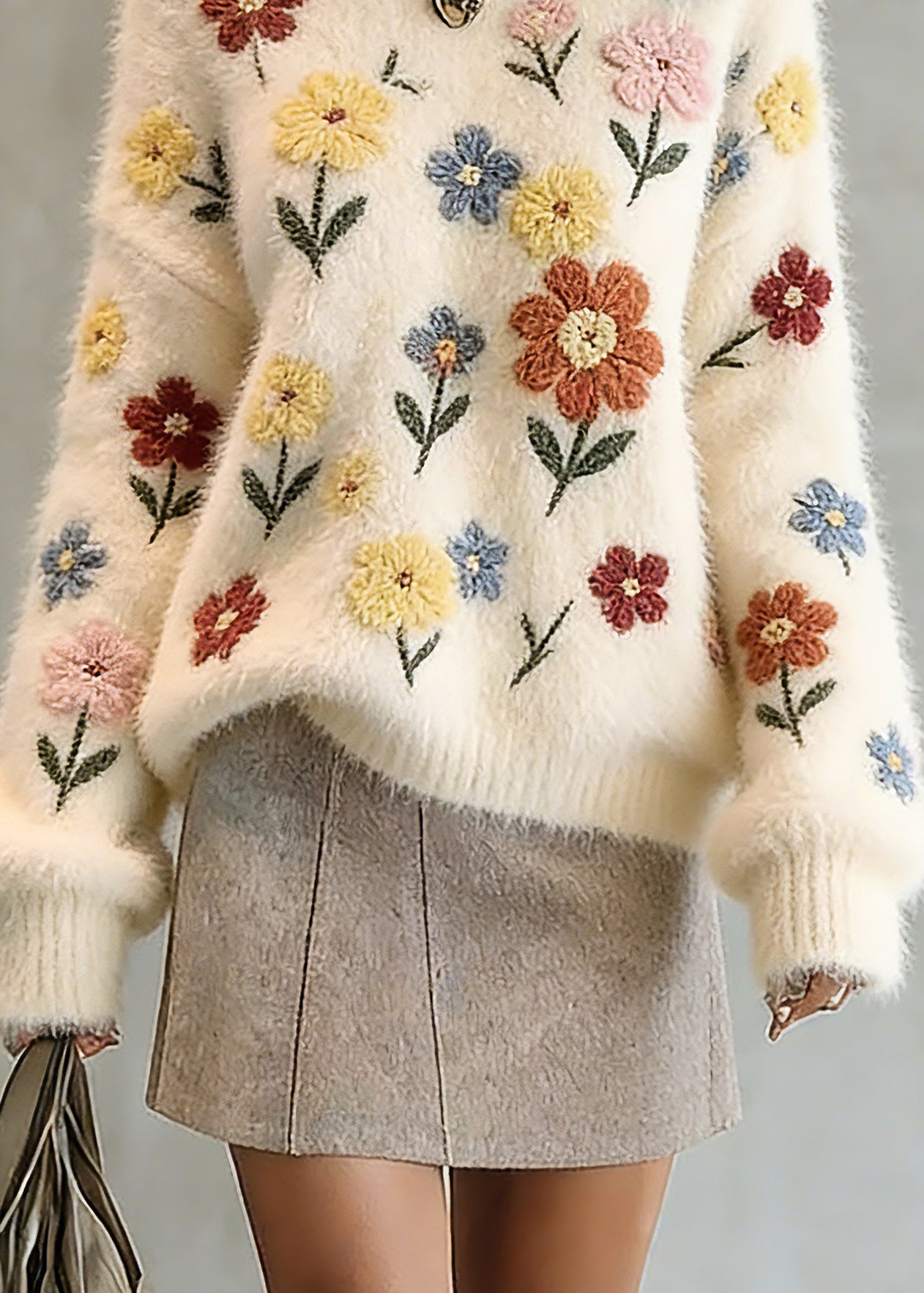 Natural Beige O-Neck Embroidered Cotton Knit Sweater Tops Spring - Omychic