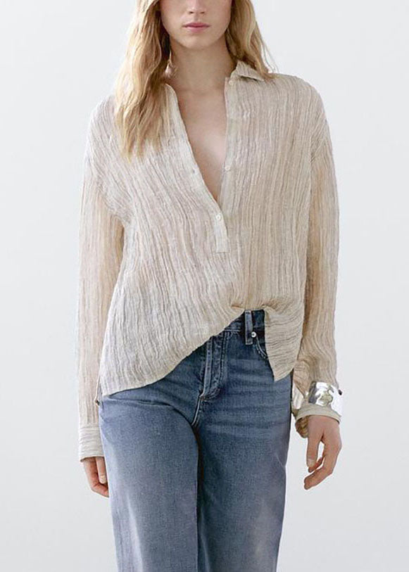 Natural Beige Peter Pan Collar Button Shirt Fall