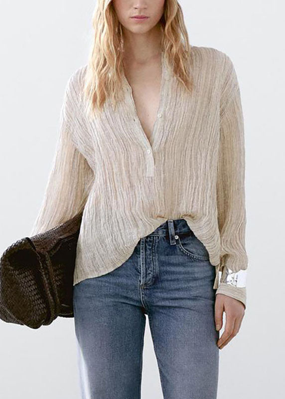 Natural Beige Peter Pan Collar Button Shirt Fall