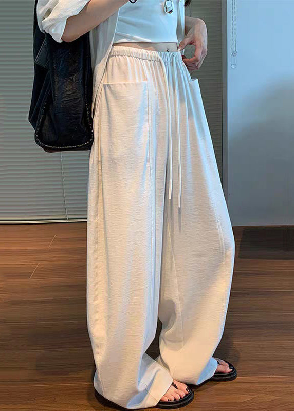 Natural Beige Pockets Solid Wide Leg Pants Summer