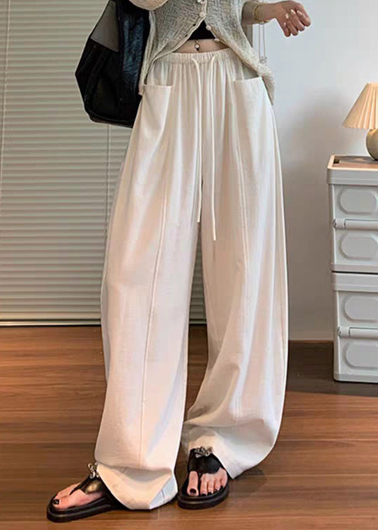 Natural Beige Pockets Solid Wide Leg Pants Summer