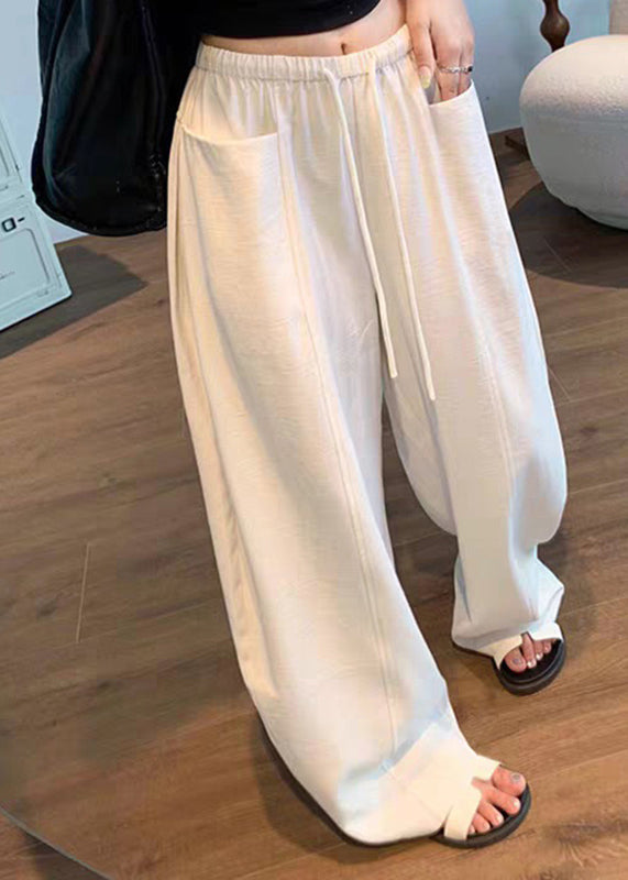 Natural Beige Pockets Solid Wide Leg Pants Summer