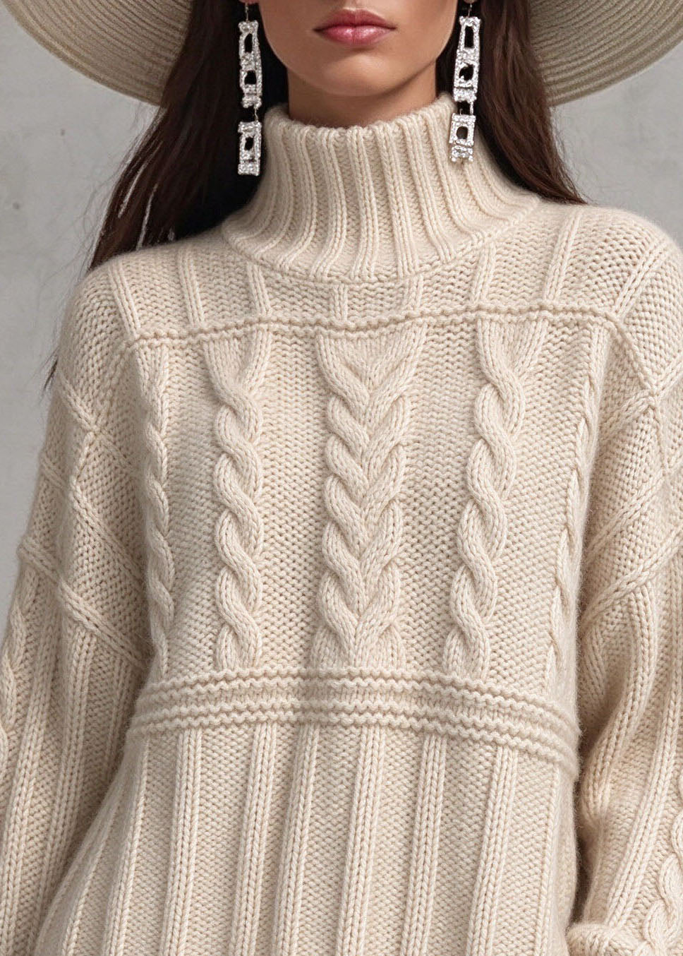 Natural Beige Turtleneck Patchwork Cable Cotton Knit Sweater Tops Long Sleeve
