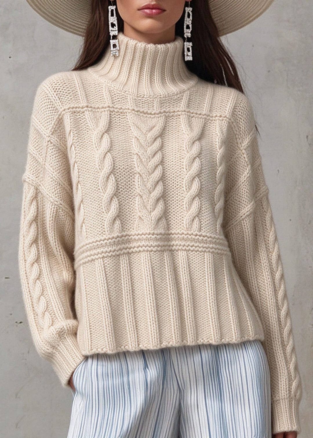 Natural Beige Turtleneck Patchwork Cable Cotton Knit Sweater Tops Long Sleeve