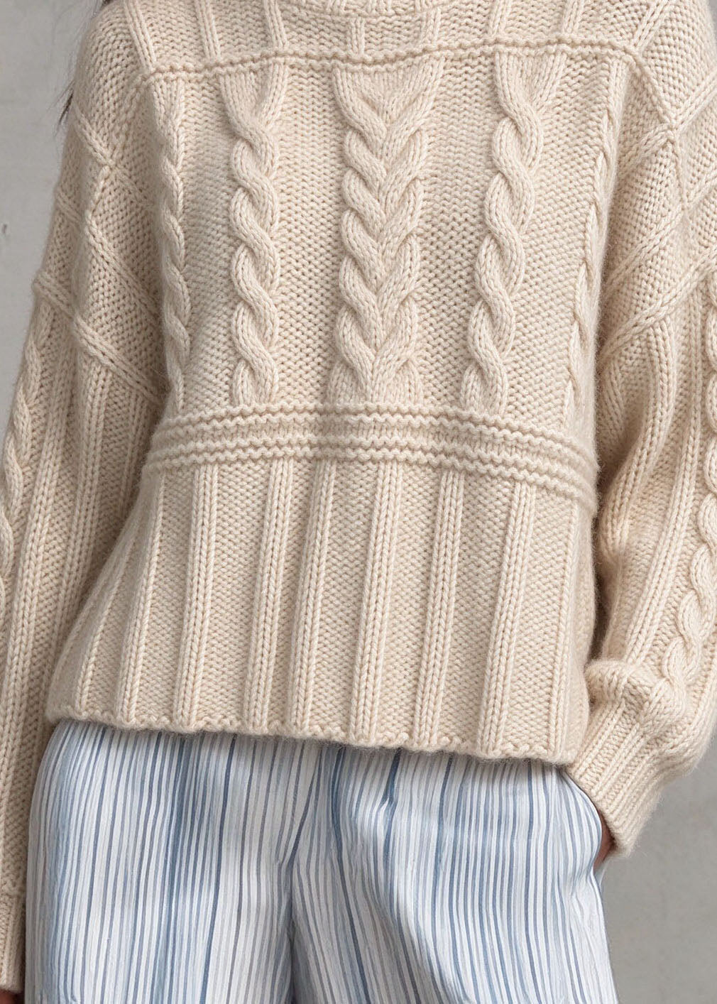 Natural Beige Turtleneck Patchwork Cable Cotton Knit Sweater Tops Long Sleeve