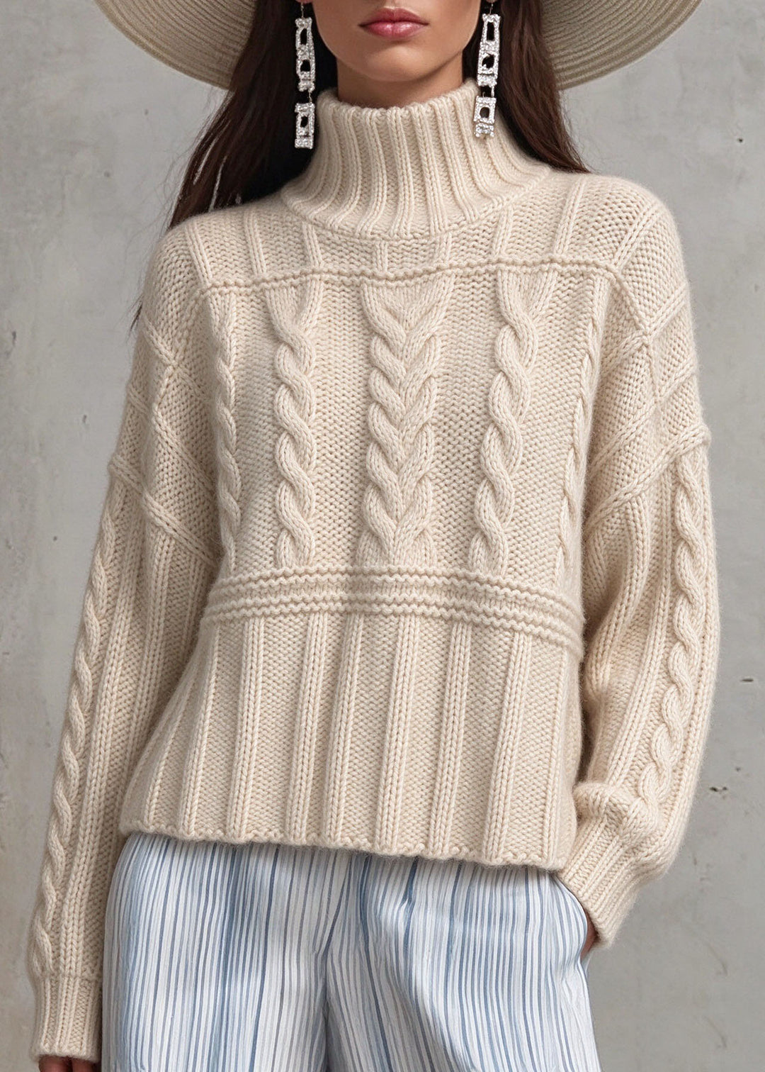 Natural Beige Turtleneck Patchwork Cable Cotton Knit Sweater Tops Long Sleeve