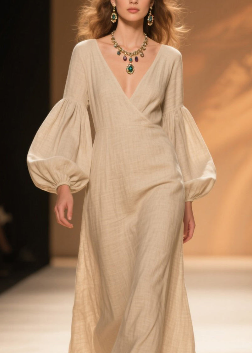 Natural Beige V Neck Patchwork Cotton Dresses Lantern Sleeve