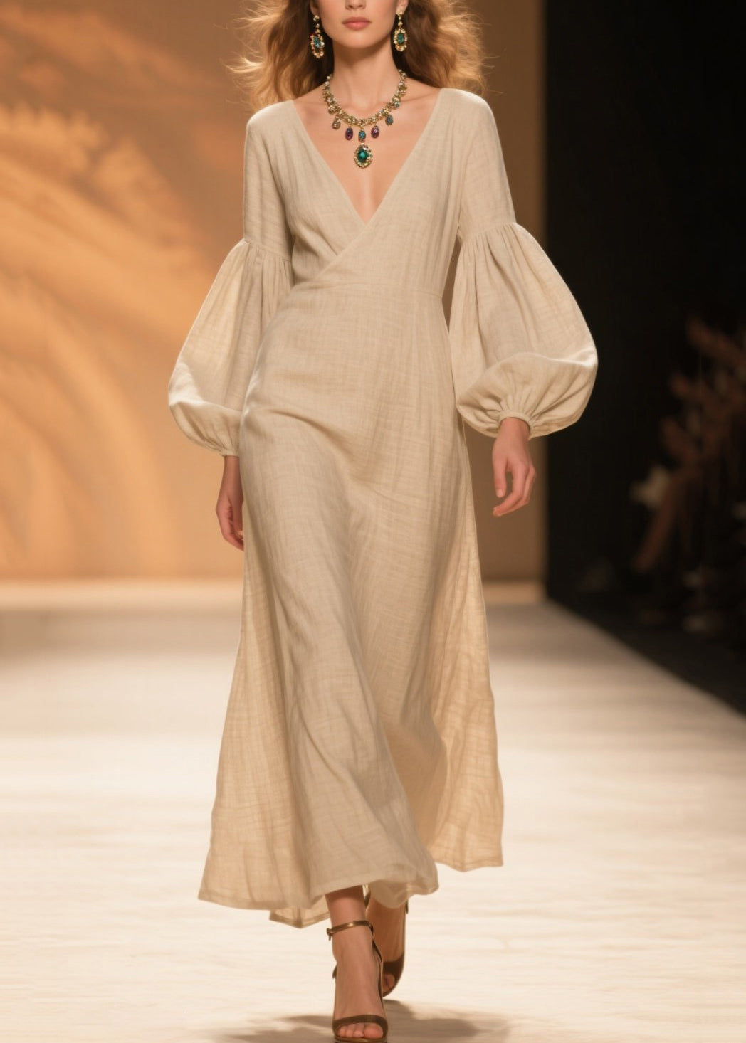 Natural Beige V Neck Patchwork Cotton Dresses Lantern Sleeve