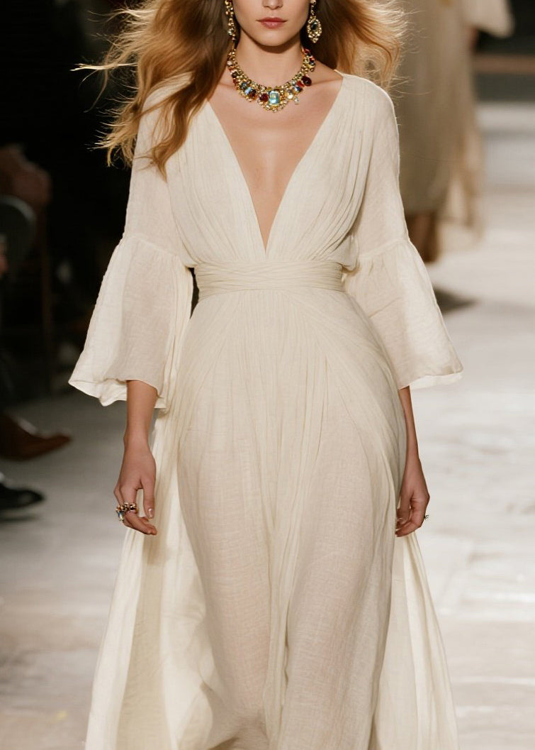 Natural Beige V Neck Patchwork Cotton Maxi Dresses Fall