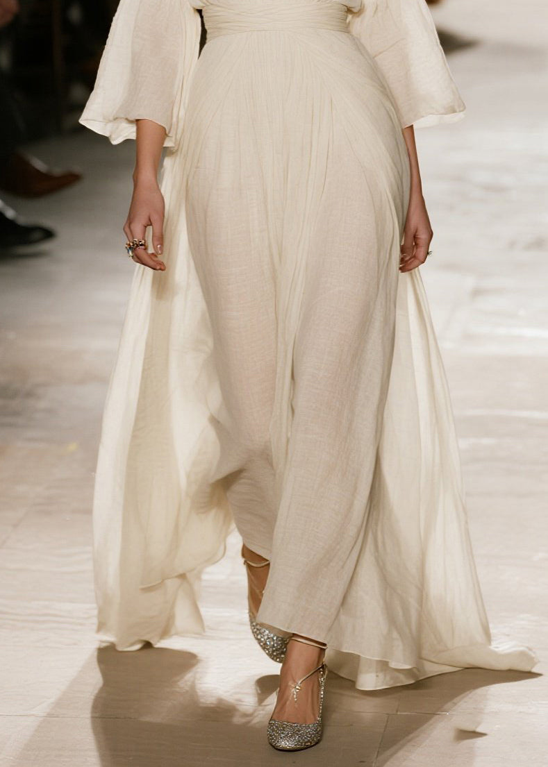 Natural Beige V Neck Patchwork Cotton Maxi Dresses Fall