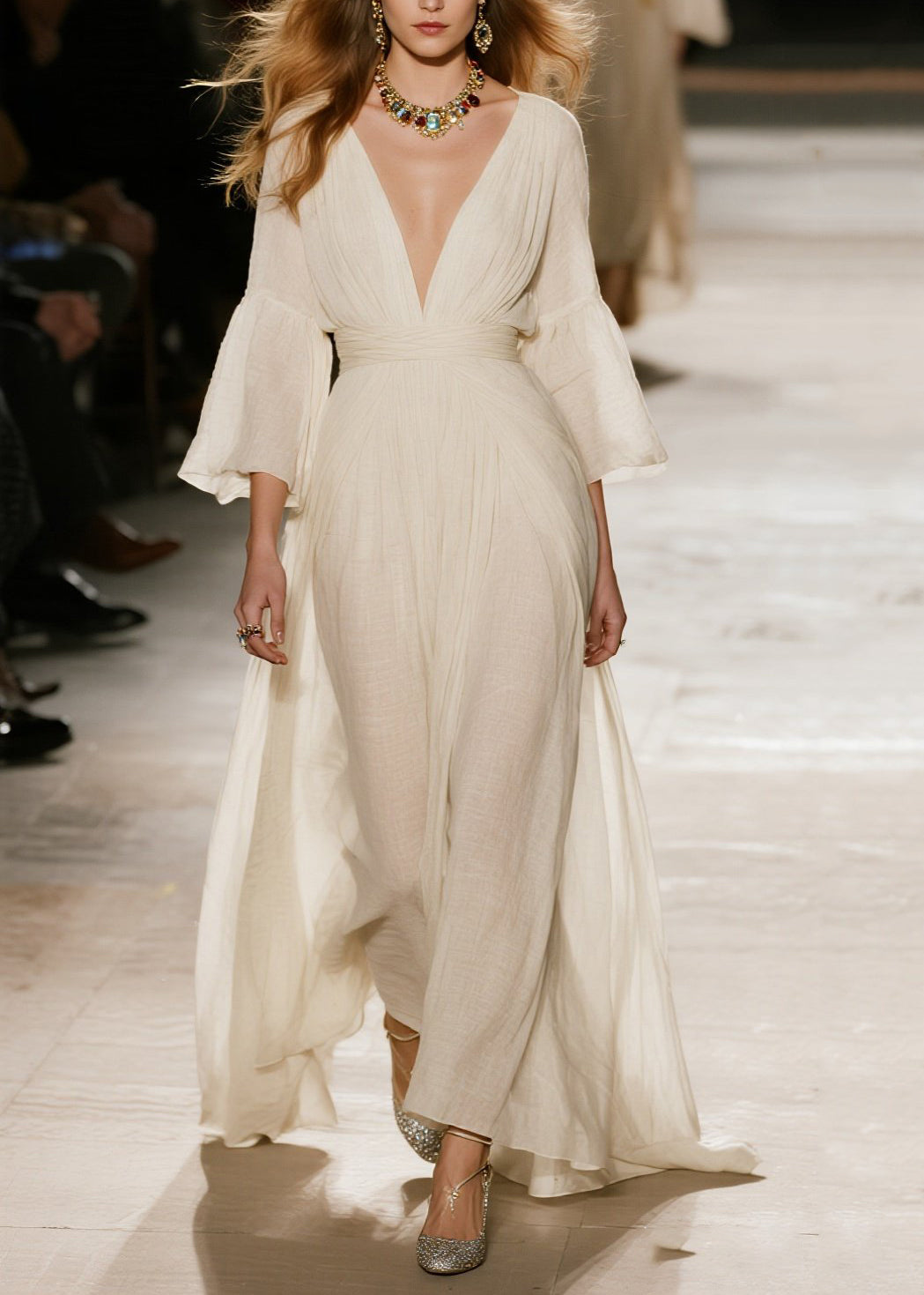 Natural Beige V Neck Patchwork Cotton Maxi Dresses Fall