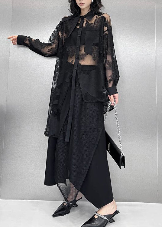 Natural Black Asymmetrical Print Tulle Shirt Top Summer