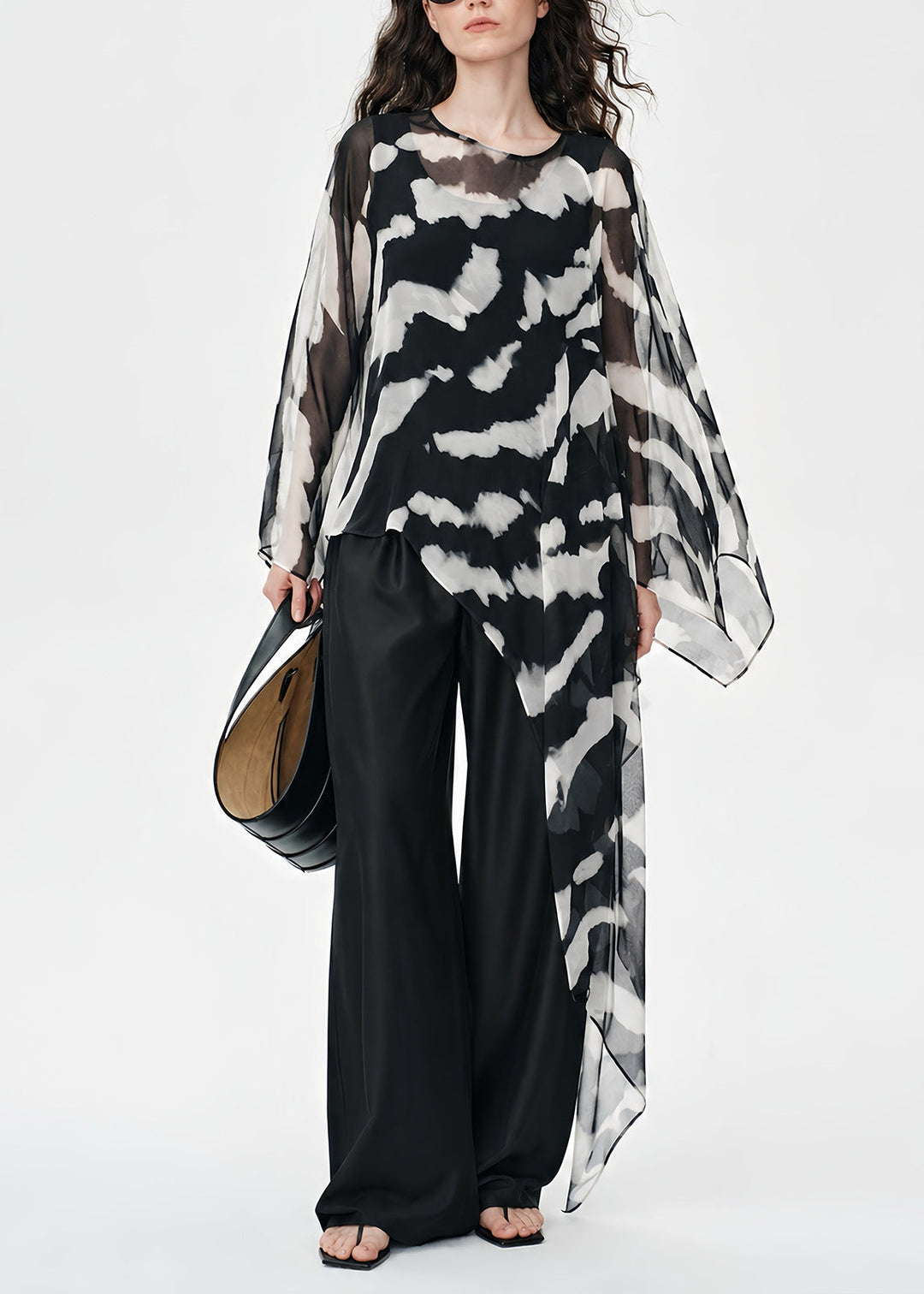 Natural Black Asymmetrical Tie Dye Chiffon Top Summer