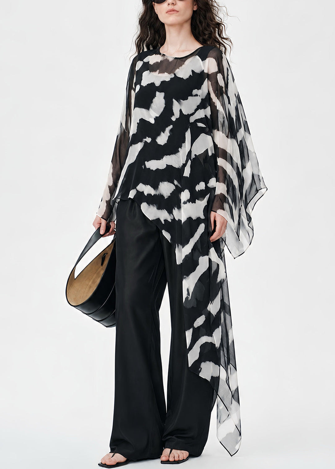 Natural Black Asymmetrical Tie Dye Chiffon Top Summer