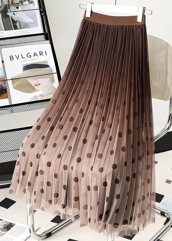 Natural Black Coffee Gradient Dot Print Tulle Pleated Skirt Spring