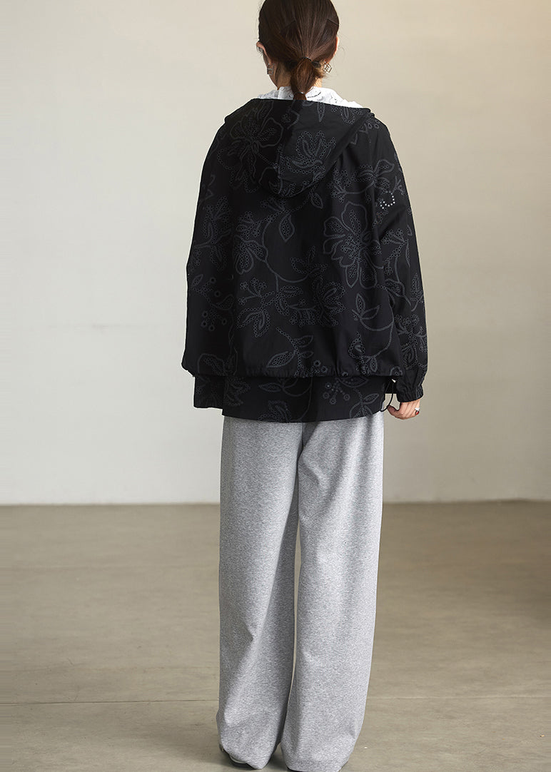 Natural Black Embroidered Cotton Hoodies Outwear Spring