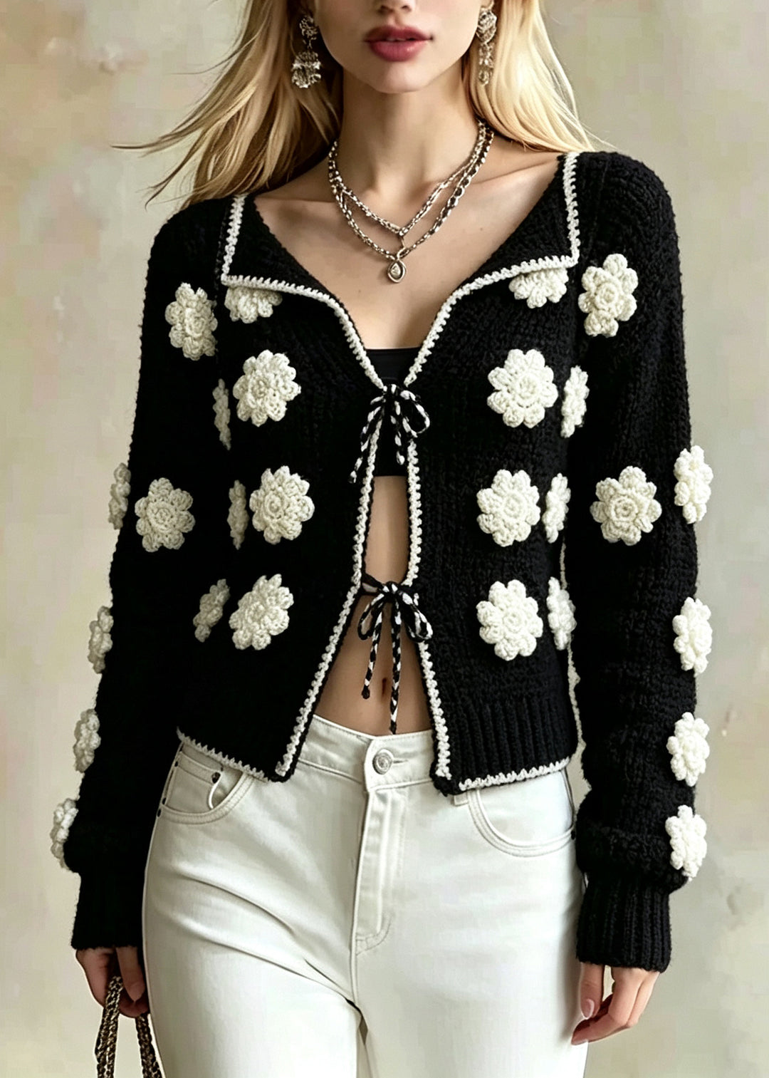 Natural Black Embroidered Floral Lace Up Knit Cardigan Fall