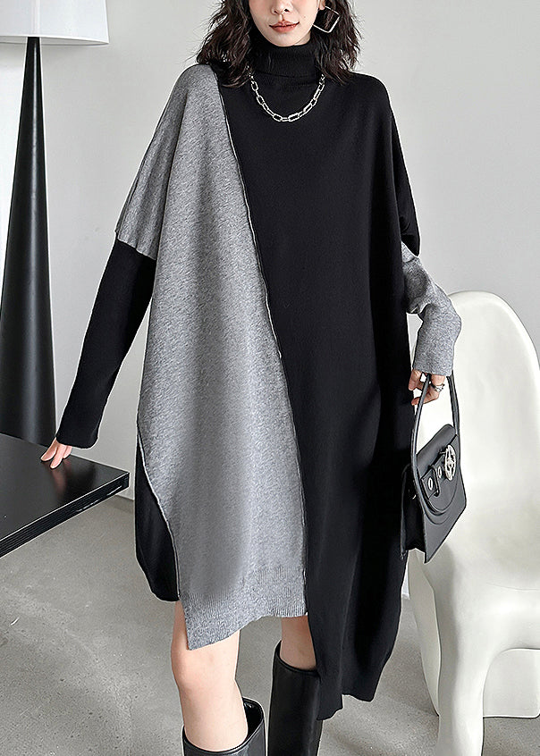 Natural Black Grey Asymmetrical Cotton Knit Long Sweater Dress Fall