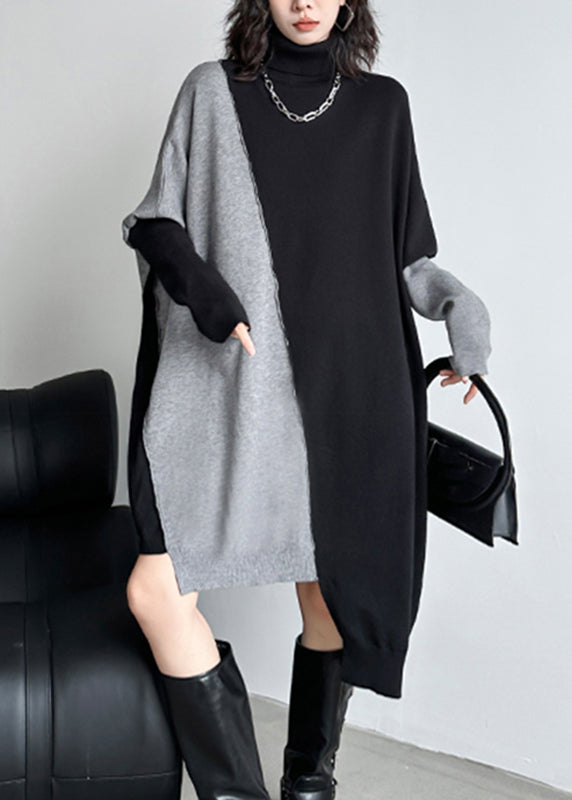 Natural Black Grey Asymmetrical Cotton Knit Long Sweater Dress Fall