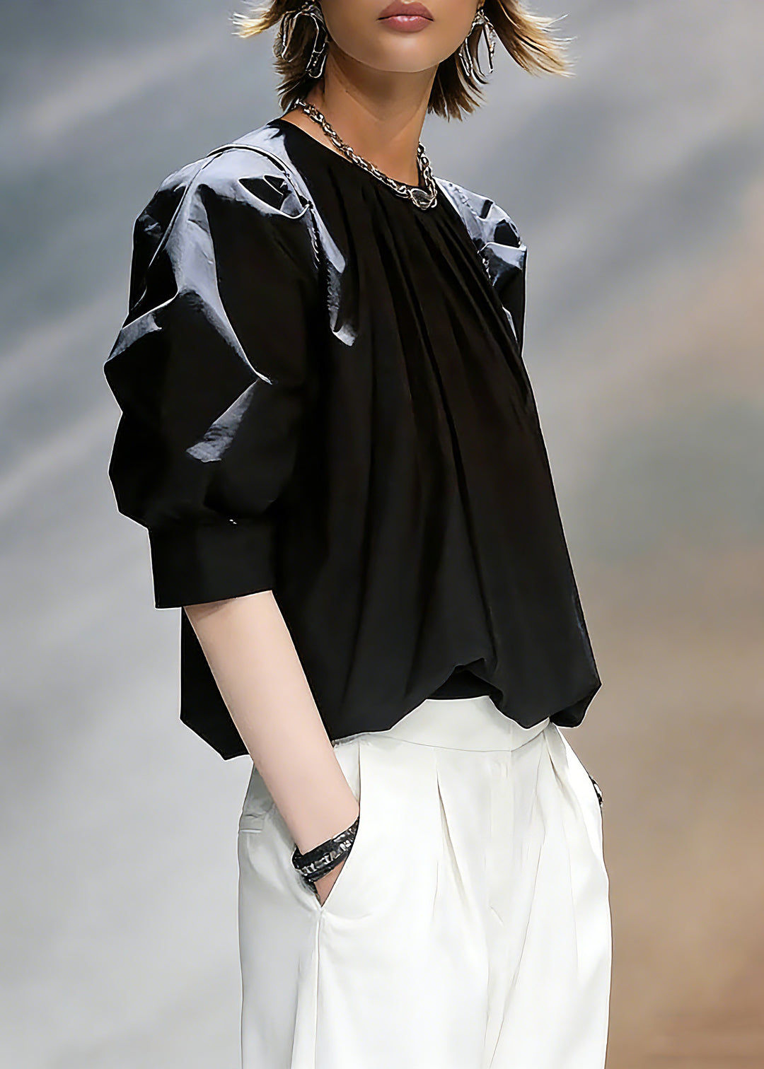 Natural Black O-Neck Patchwork Tops Summer