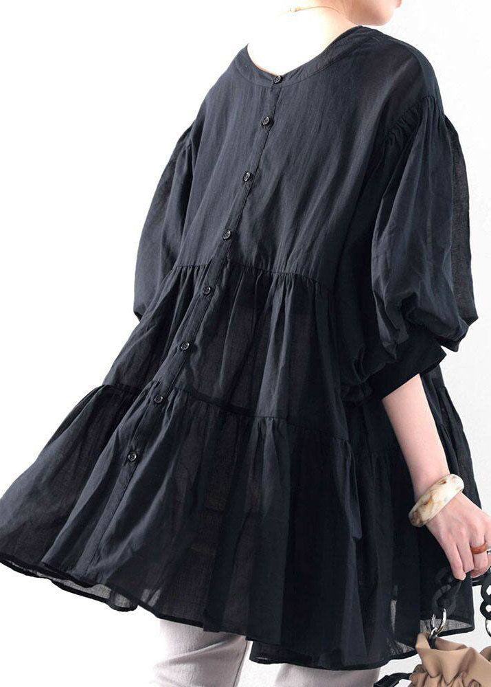 Natural Black O-Neck Ruffled Patchwork Shirt Lantern Sleeve