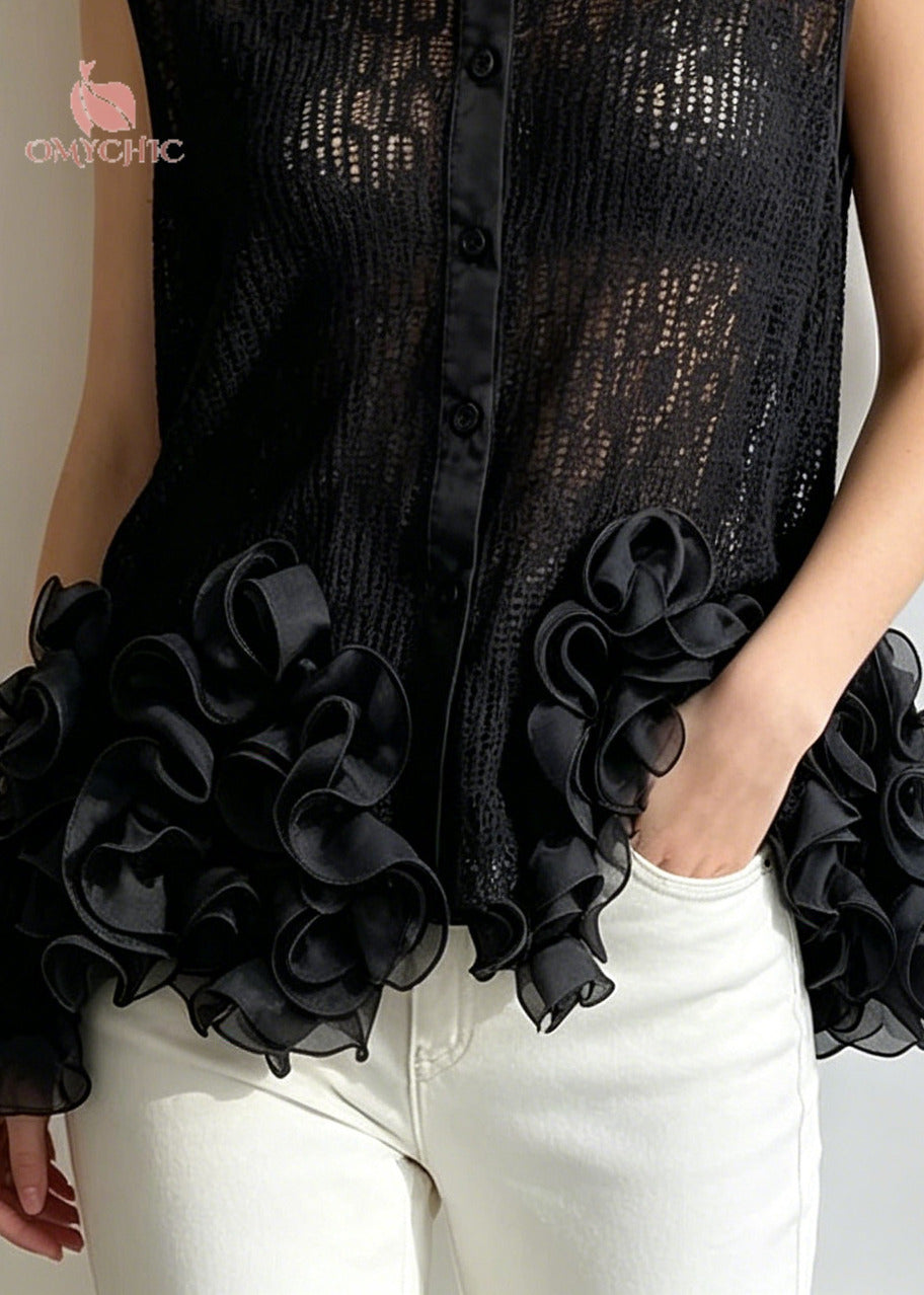 Natural Black Oversized Floral Tulle Blouses Sleeveless