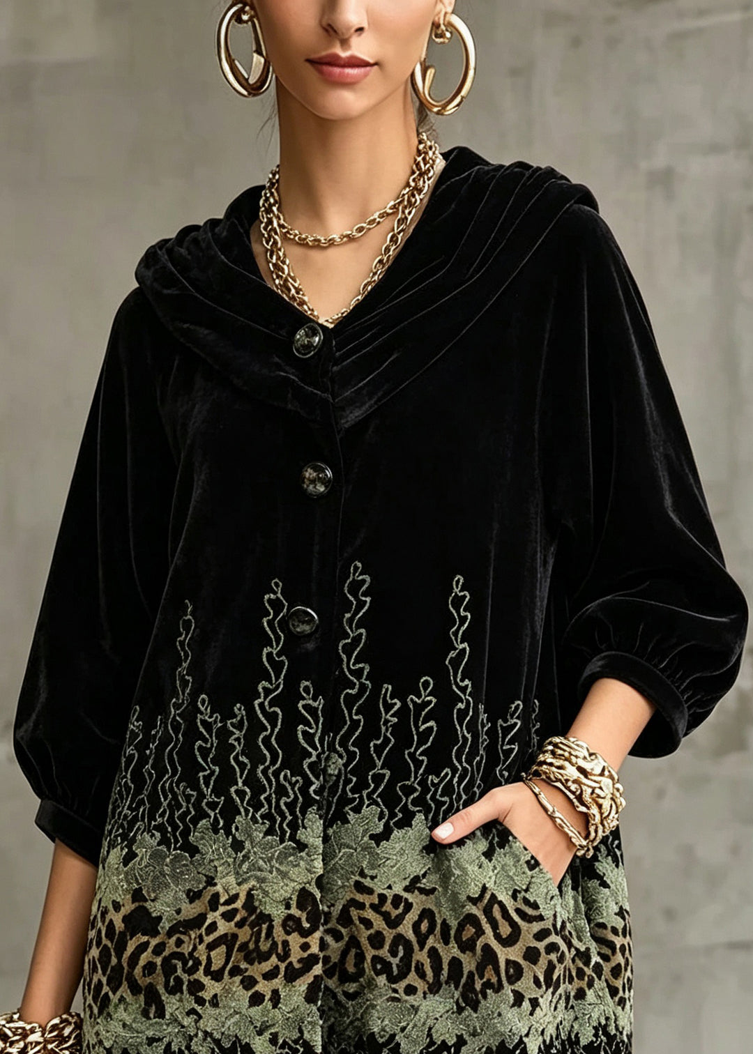 Natural Black Patchwork Button Silk Velvet Coats Fall