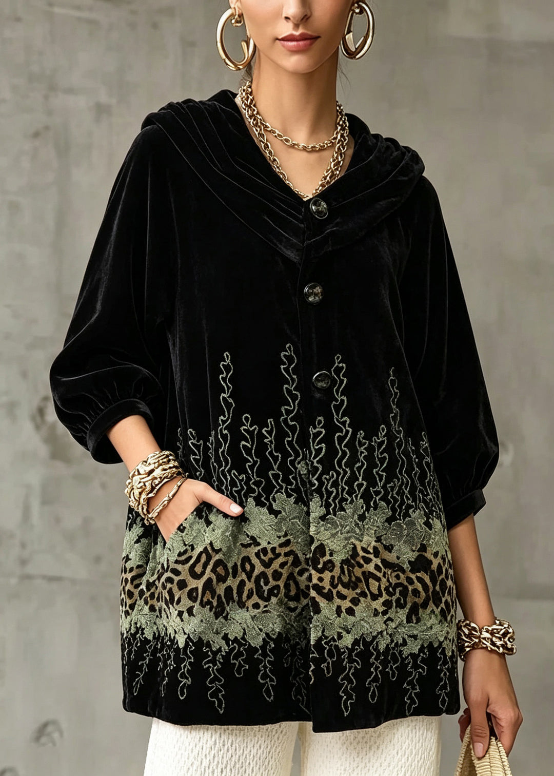 Natural Black Patchwork Button Silk Velvet Coats Fall