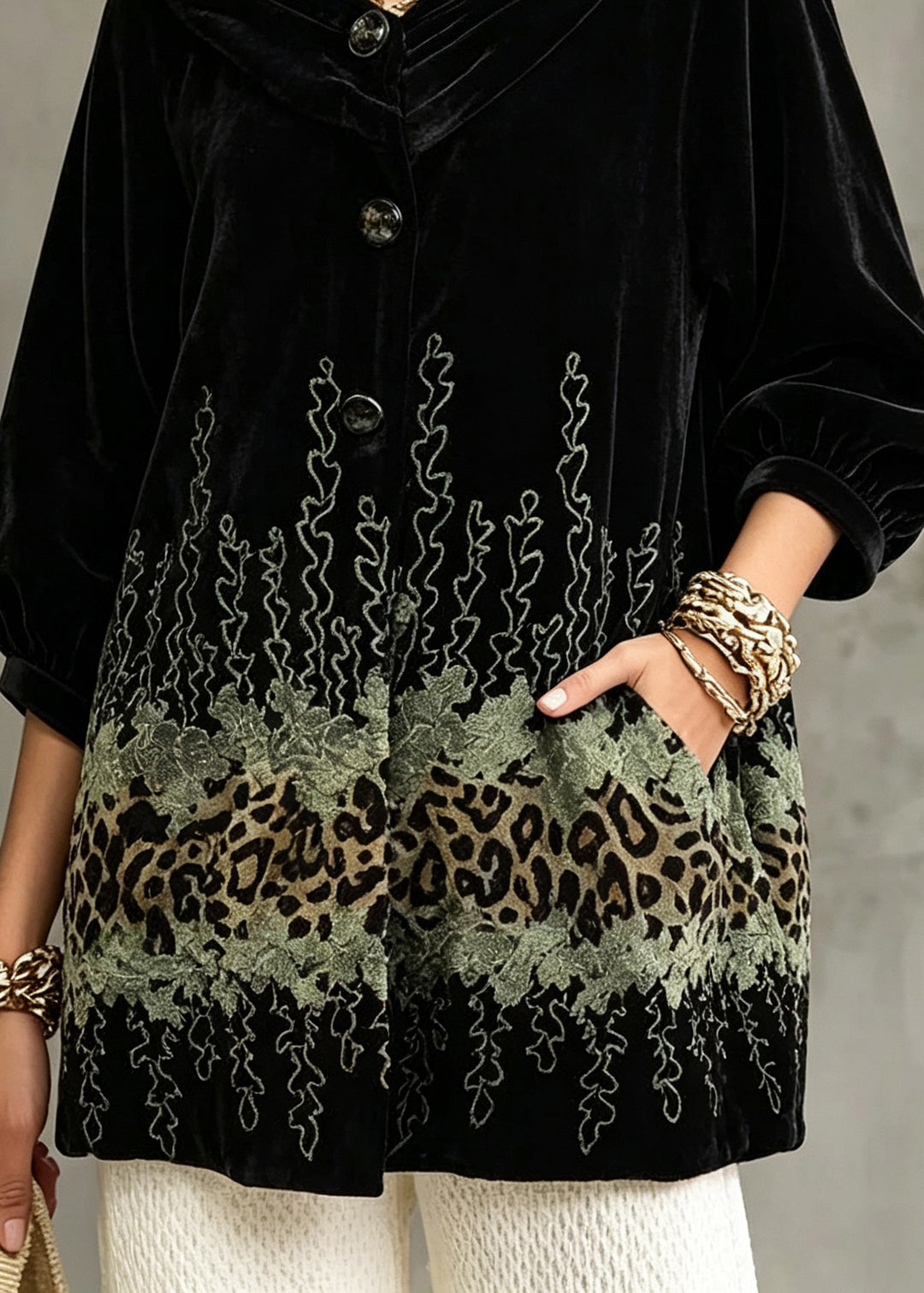 Natural Black Patchwork Button Silk Velvet Coats Fall
