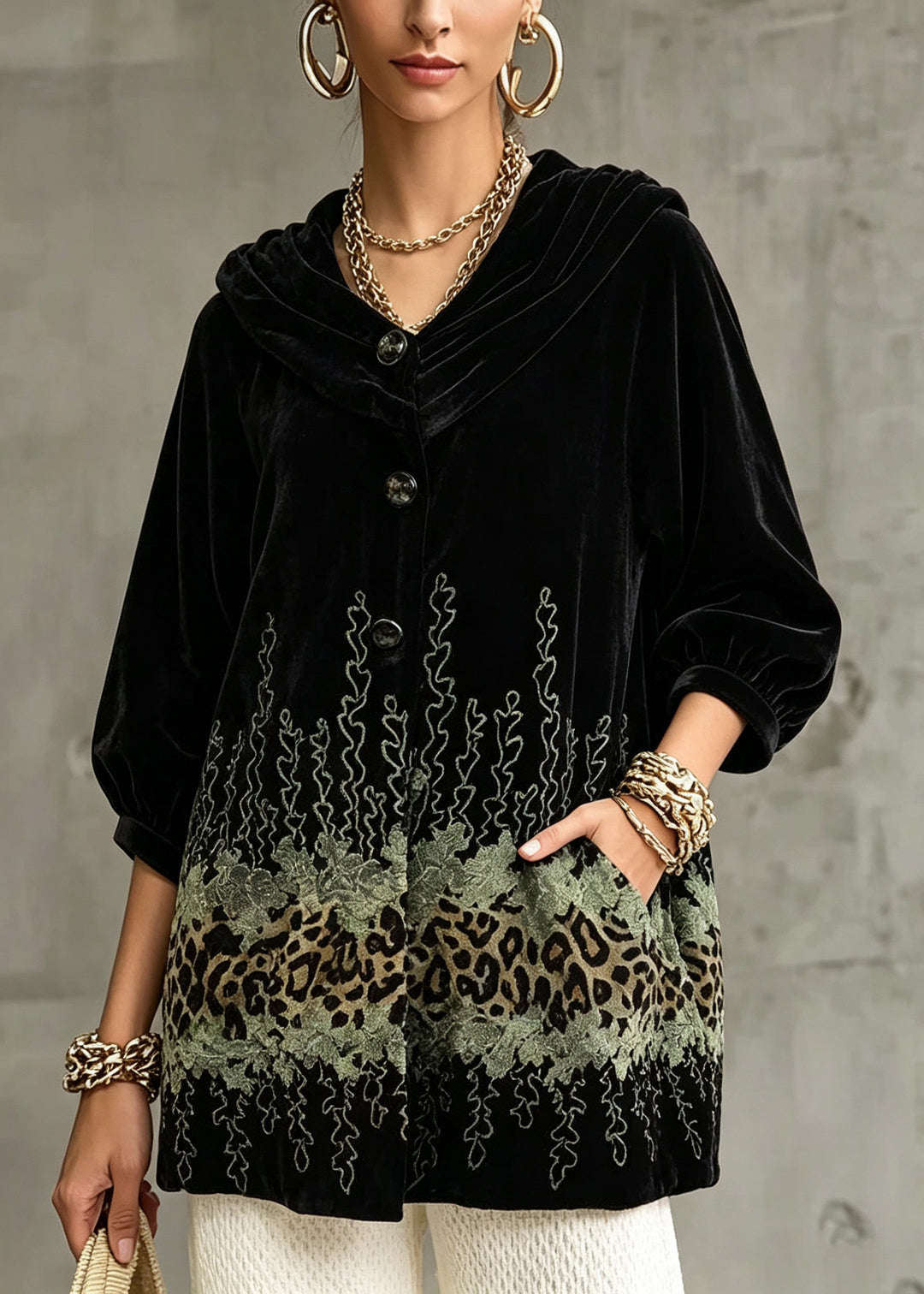 Natural Black Patchwork Button Silk Velvet Coats Fall