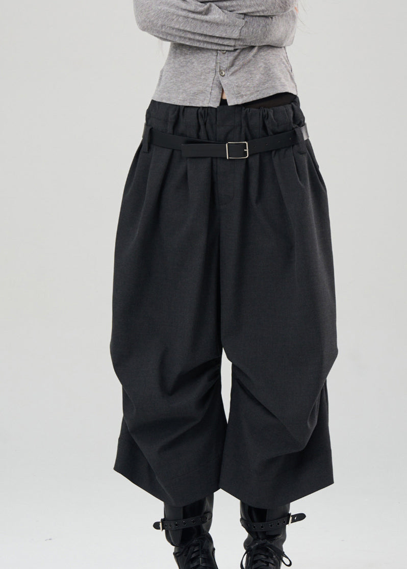 Natural Black Pockets Patchwork Wrinkled Crop Beam Pants Fall