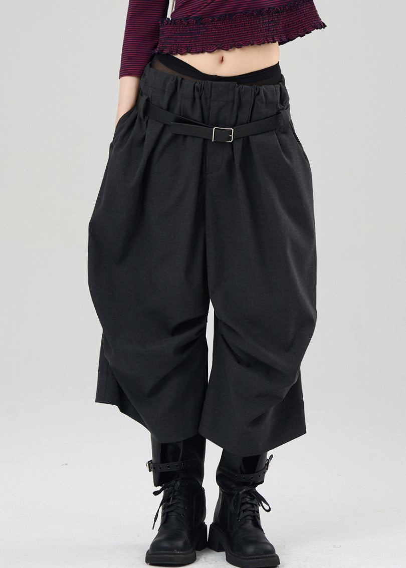 Natural Black Pockets Patchwork Wrinkled Crop Beam Pants Fall