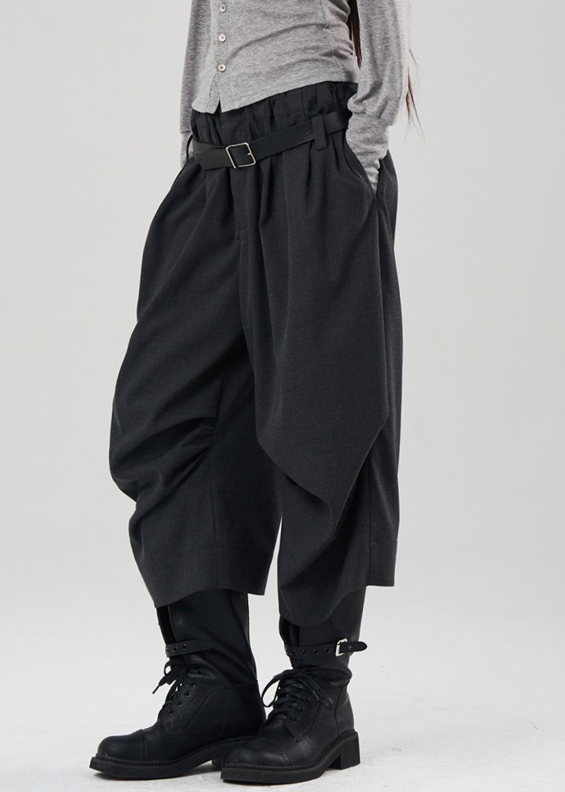 Natural Black Pockets Patchwork Wrinkled Crop Beam Pants Fall