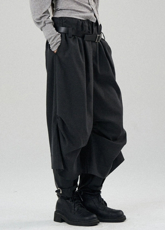 Natural Black Pockets Patchwork Wrinkled Crop Beam Pants Fall