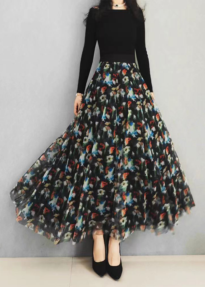 Natural Black Print Wrinkled Exra Large Hem Tulle Skirts Spring