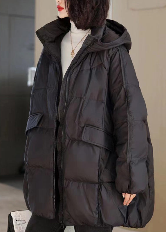 Natural Black Stand Collar Pockets Solid Hooded Puffer Jacket Winter