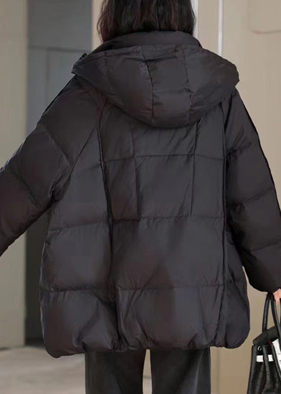 Natural Black Stand Collar Pockets Solid Hooded Puffer Jacket Winter