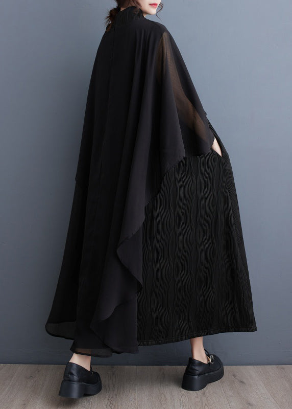 Natural Black Turtleneck Asymmetrical Tulle Holiday Long Dress Spring