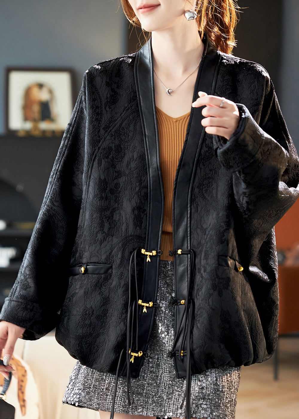 Natural Black V Neck Patchwork Coats Three Quarter Sleeve Sleeve