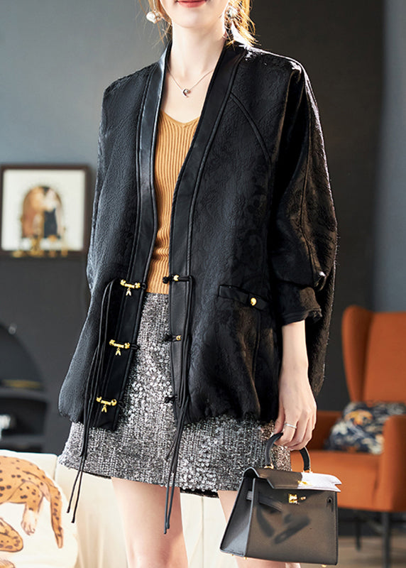 Natural Black V Neck Patchwork Coats Three Quarter Sleeve Sleeve