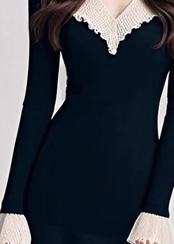 Natural Black V Neck Patchwork Knit Mid Sweater Dress Fall
