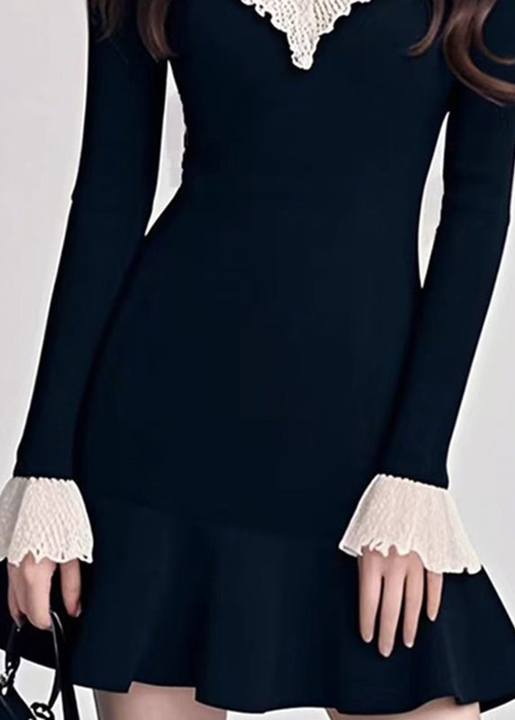 Natural Black V Neck Patchwork Knit Mid Sweater Dress Fall