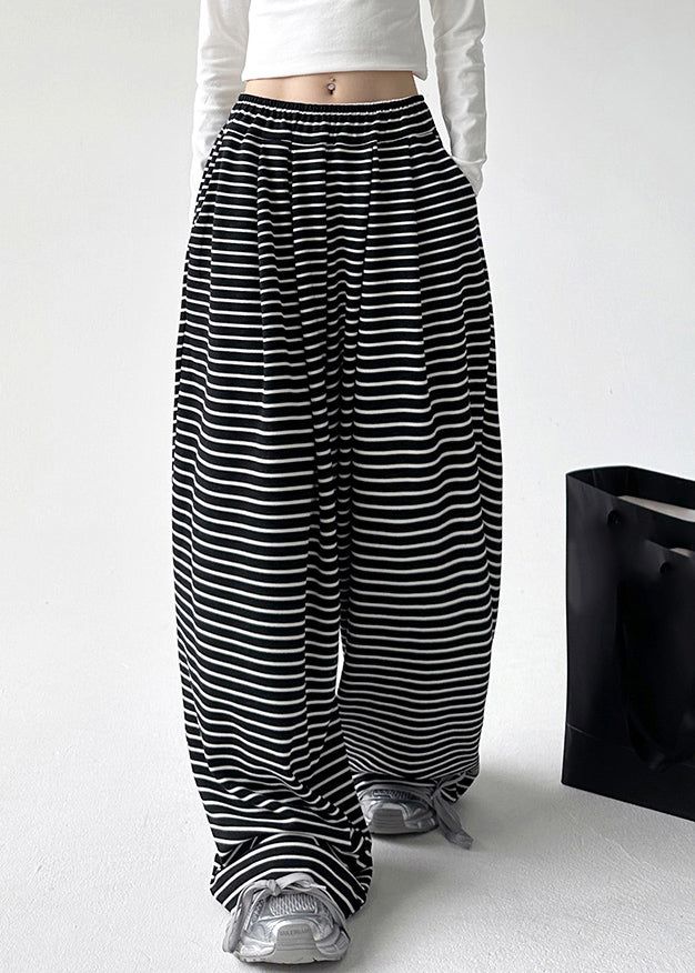 Natural Black White Striped Pockets Elastic Waist Wide Leg Pants Spring