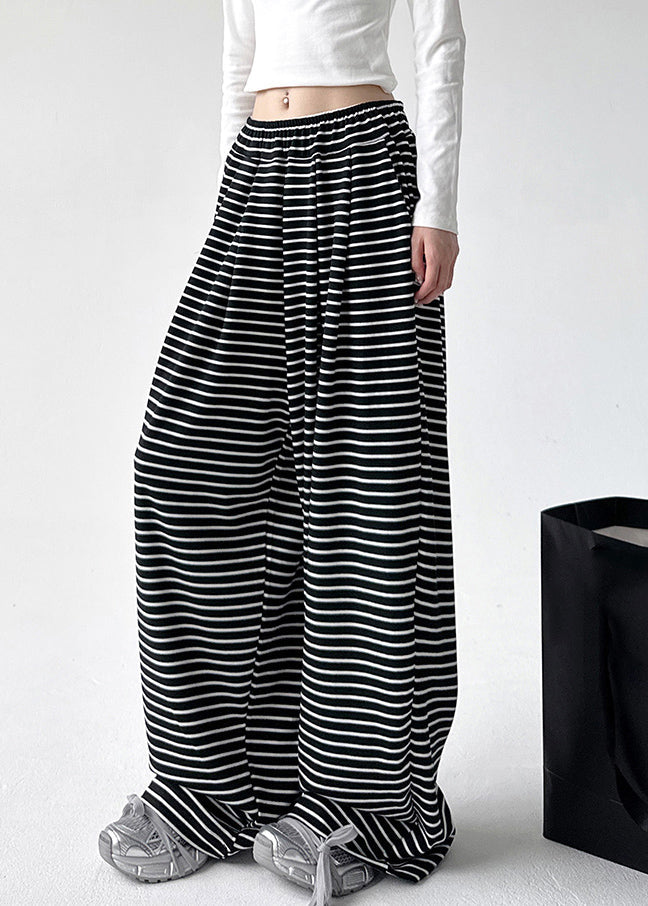 Natural Black White Striped Pockets Elastic Waist Wide Leg Pants Spring
